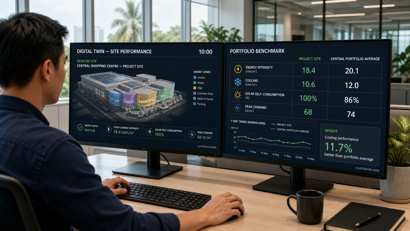 Illustrative Digital Twin comparison of one Central shopping-centre project site against normalised portfolio averages for energy, cooling, solar self-consumption and peak demand.