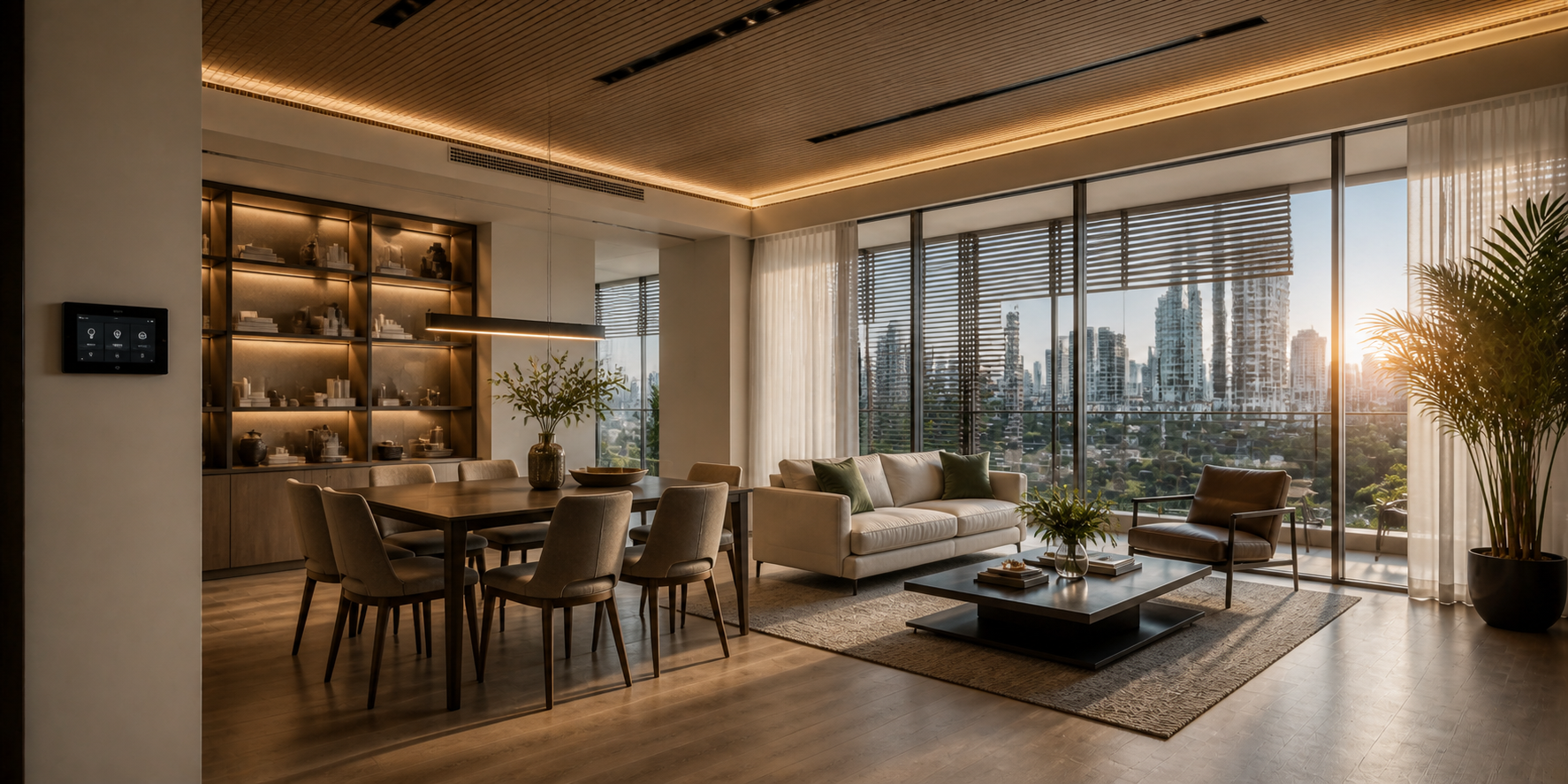 Residential living and dining environment with integrated lighting, shading and touchscreen control.