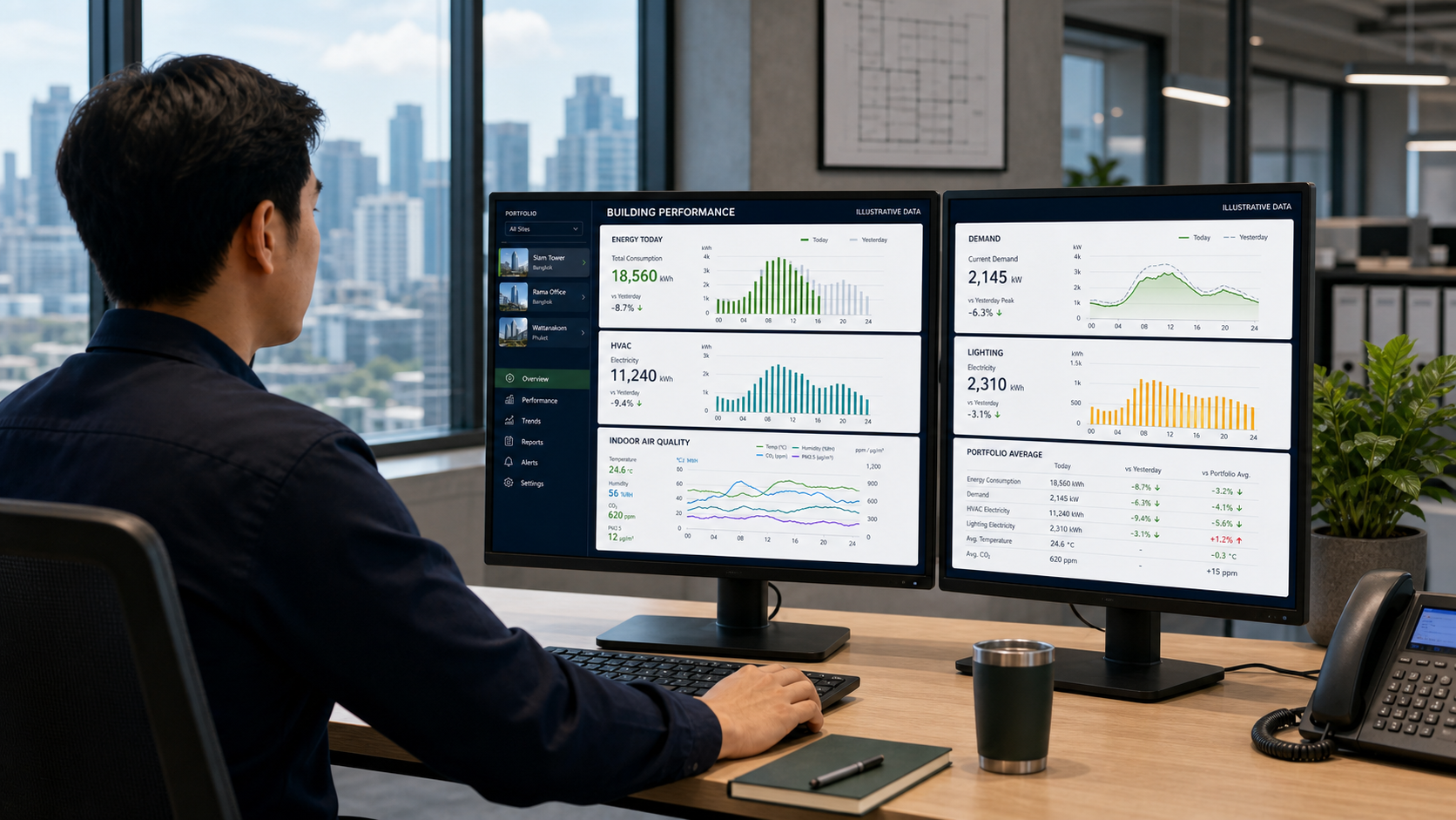 Facility manager reviewing energy, demand, HVAC, lighting and indoor-air-quality performance across several buildings on dual monitoring screens.