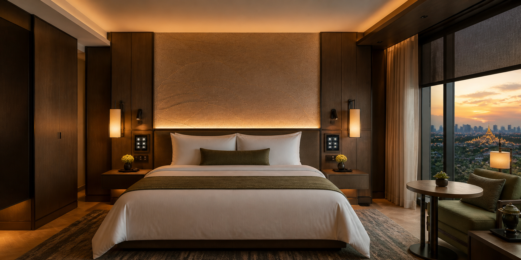 Hotel guest room with identical full lighting, climate and shading controls at both bedsides.