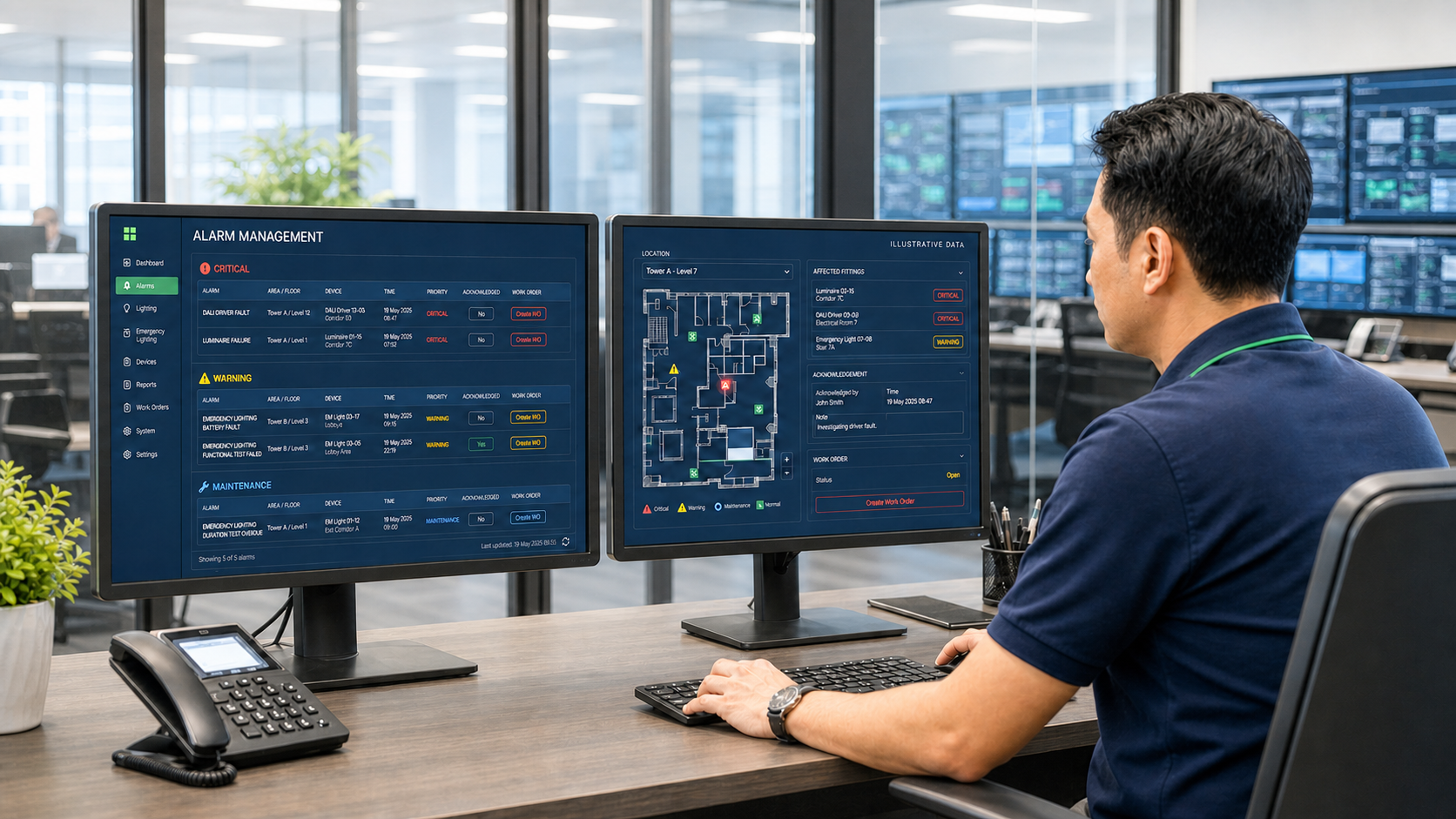 Facility manager reviewing DALI, luminaire and emergency-lighting alarms with device locations, acknowledgement and work-order status.