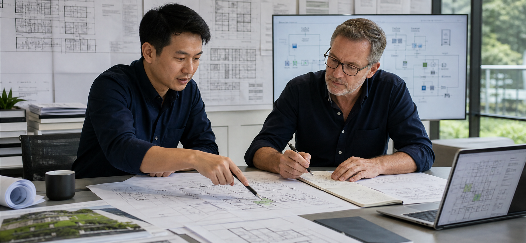 Building-automation engineers coordinating system architecture and project drawings.