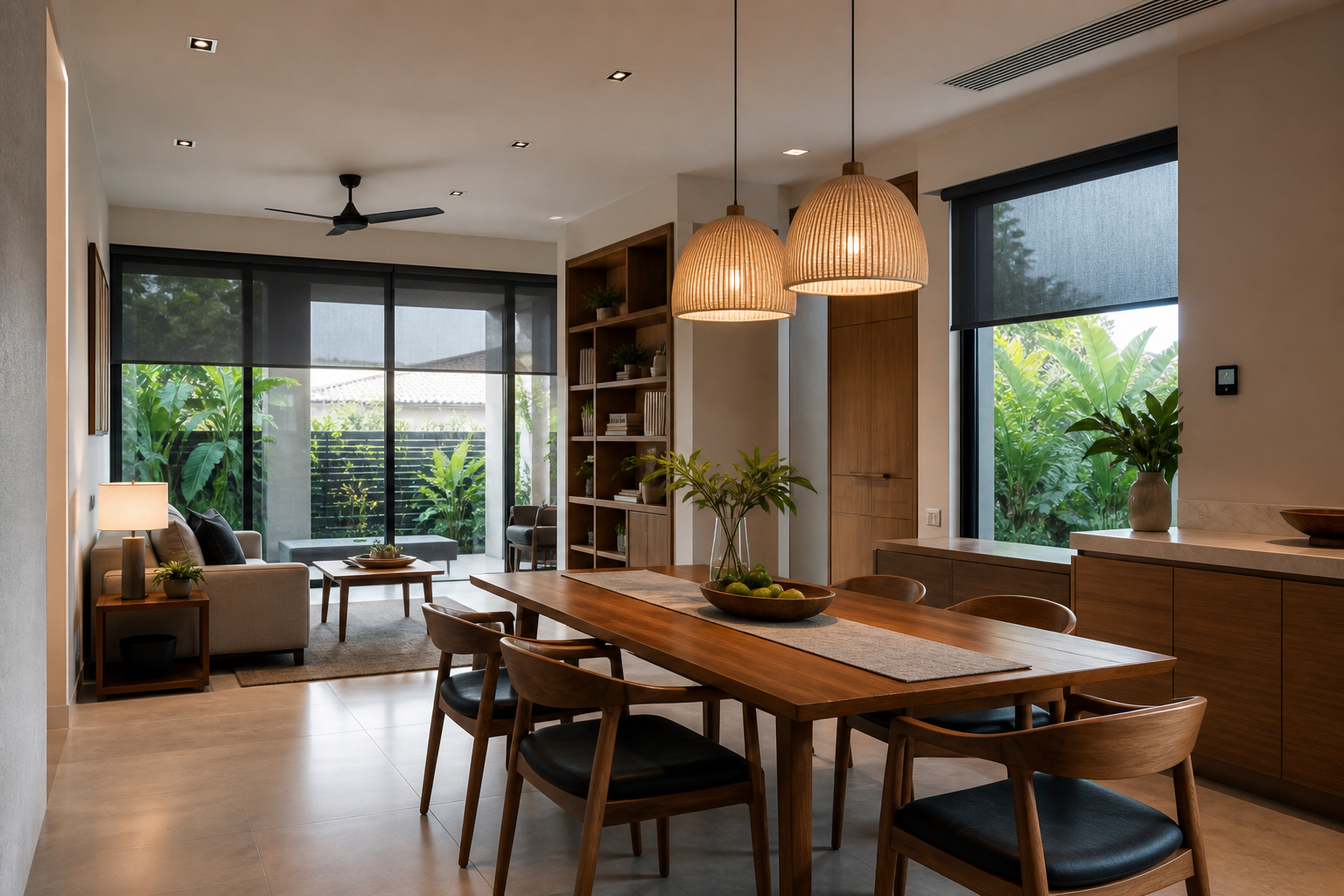 Integrated residential living and dining environment with coordinated lighting, shading and climate control.