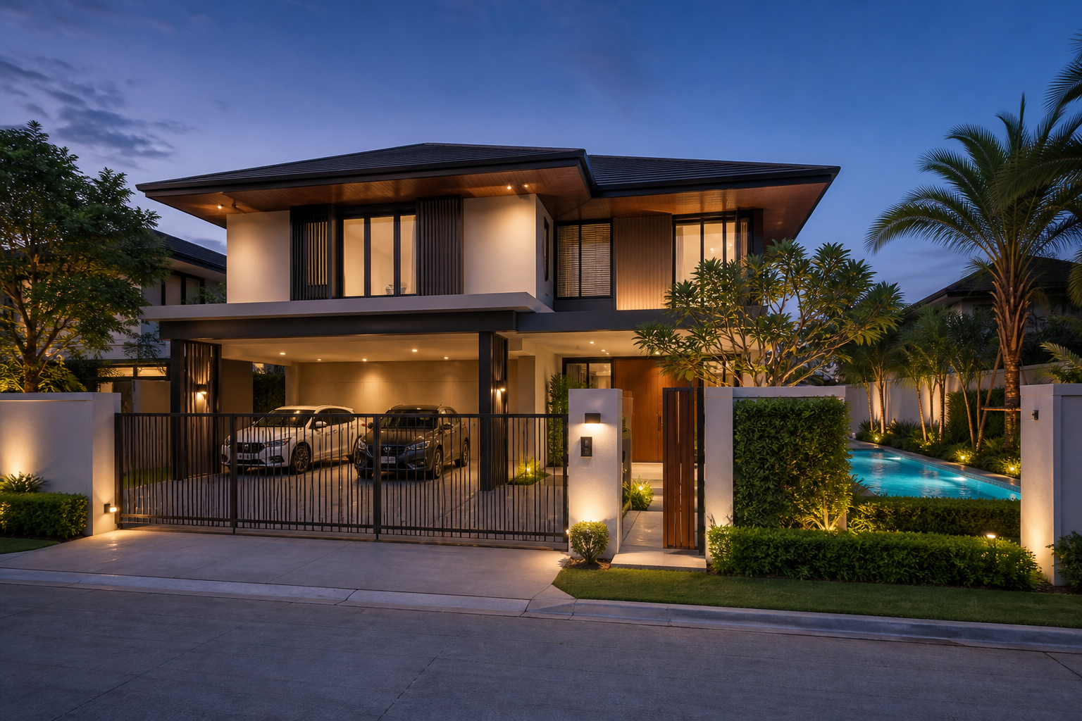Two-storey residence with controlled gate access, security, exterior lighting, two-car carport and swimming pool.