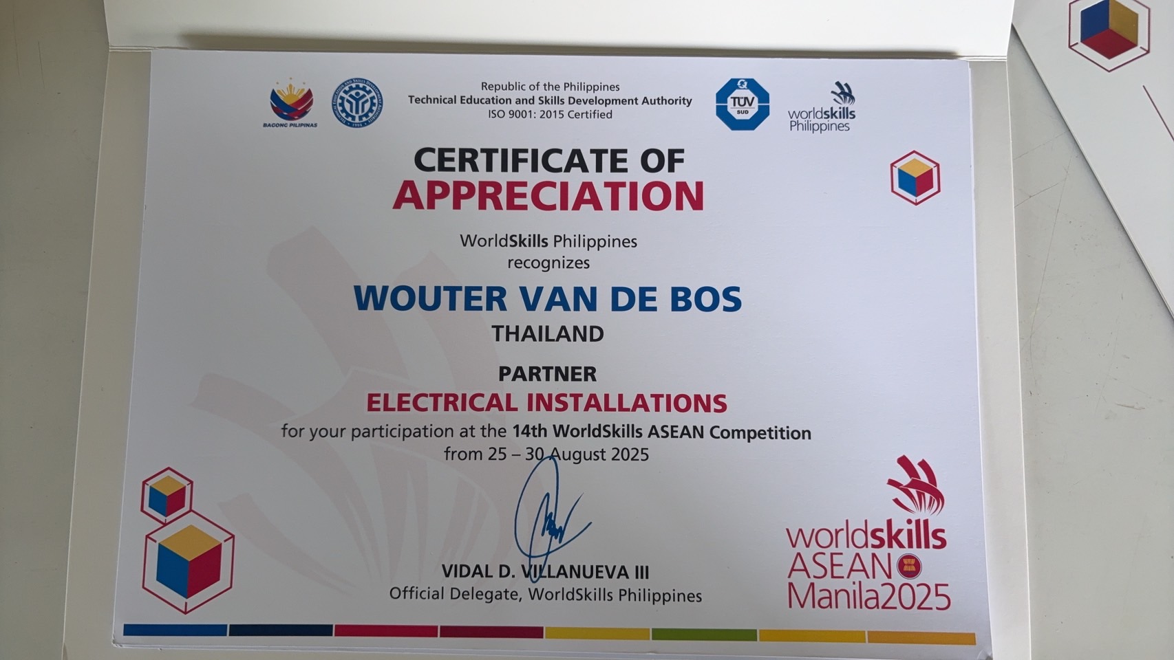 Certificate of Appreciation from WorldSkills Philippines recognising Wouter van de Bos, Thailand, as partner for Electrical Installations at the 14th WorldSkills ASEAN Competition, Manila 2025