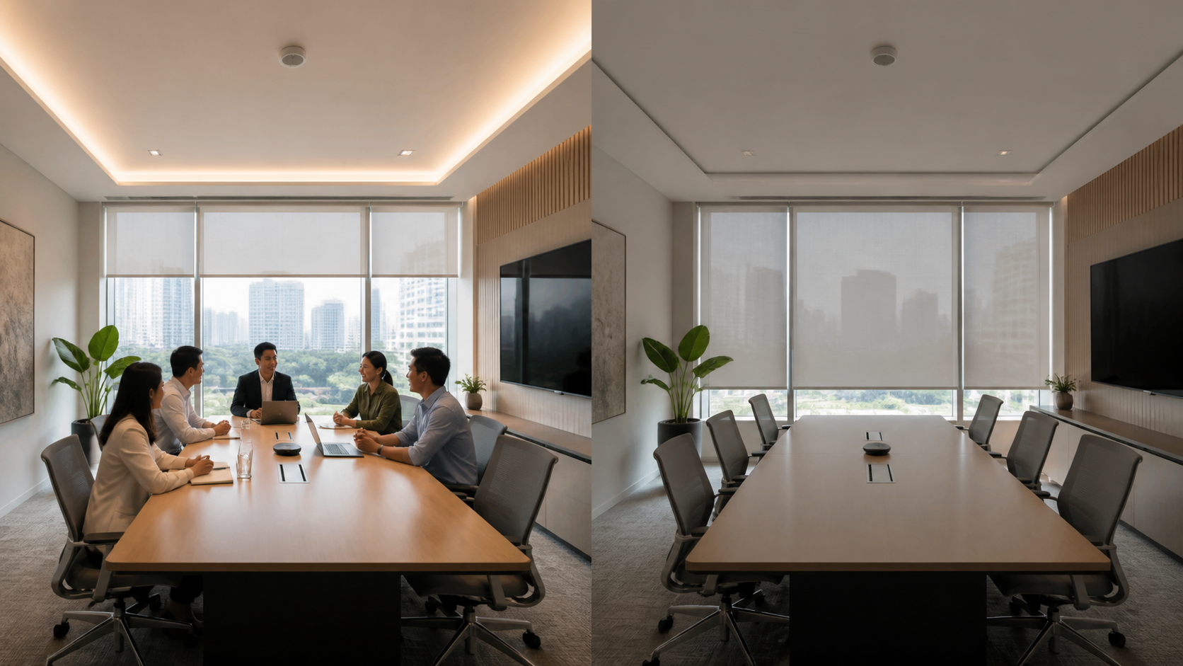 The same meeting room occupied with comfort systems active and vacant with lighting, shading and climate in reduced-energy operation.