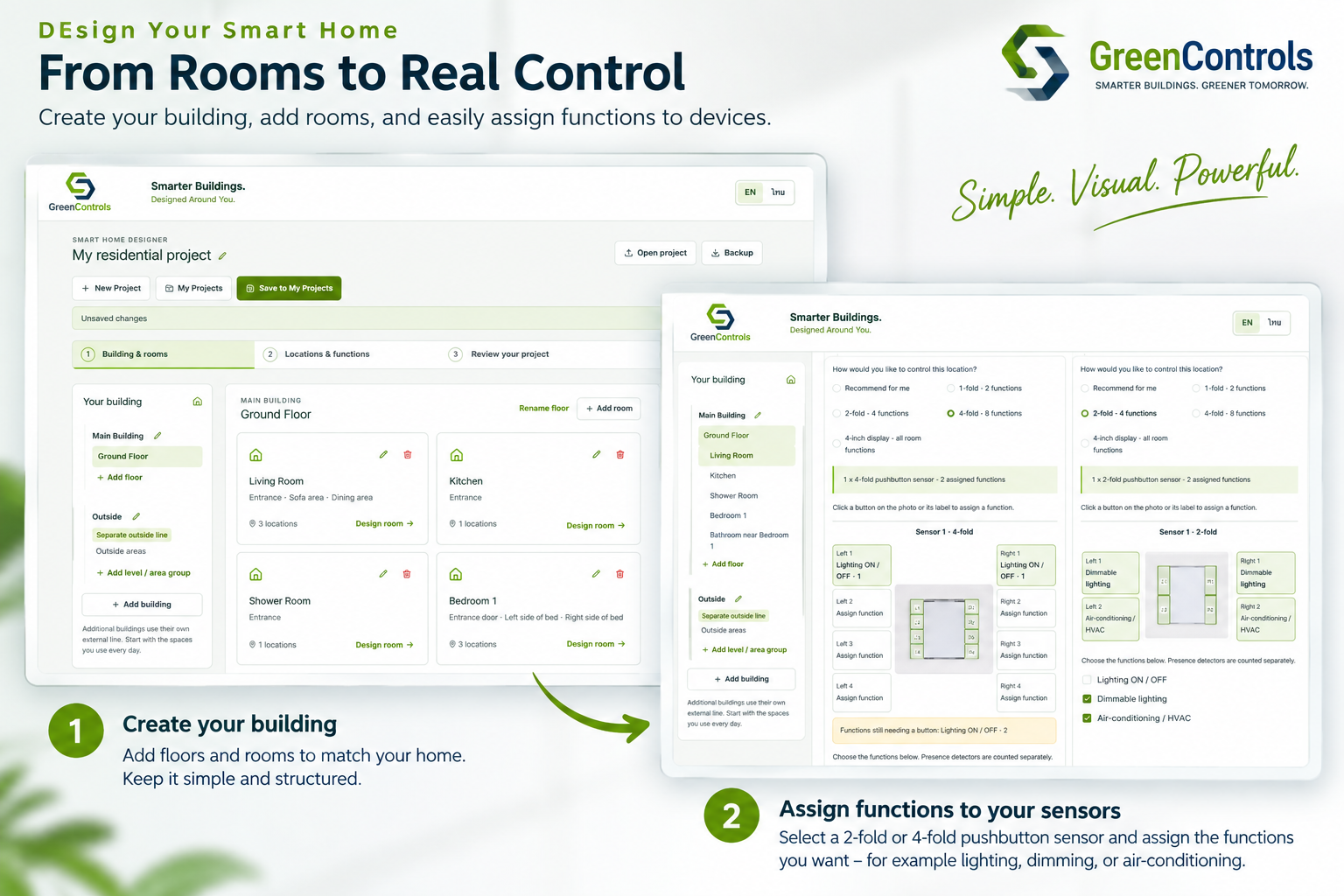 Design Your Smart Home — From Rooms to Real Control. Create your building, add rooms, and easily assign functions to devices.