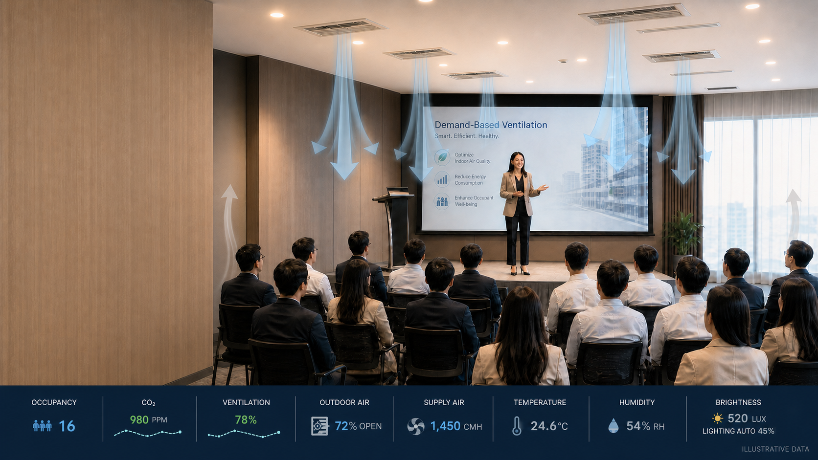 Demand-based conference-room ventilation responding to occupancy and CO₂ while coordinating airflow, temperature, humidity, brightness and automatic lighting control.