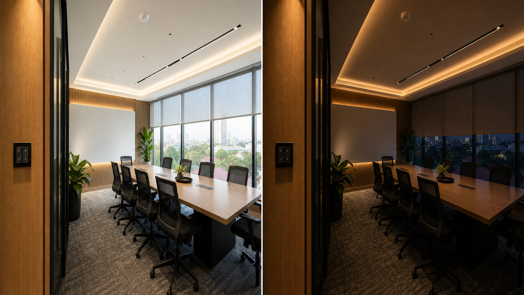 The same meeting room shown side by side in two lighting states: daylight work mode with bright general lighting, and evening presentation mode with dimmed lighting and lowered shades.
