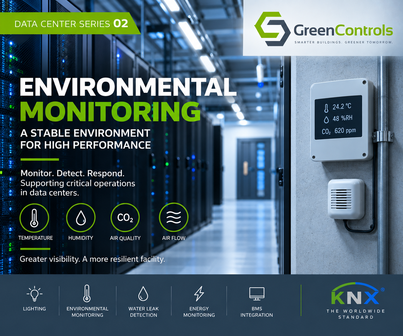 Data Center Series 02 environmental monitoring visual showing a server room, environmental sensors, building systems and KNX integration