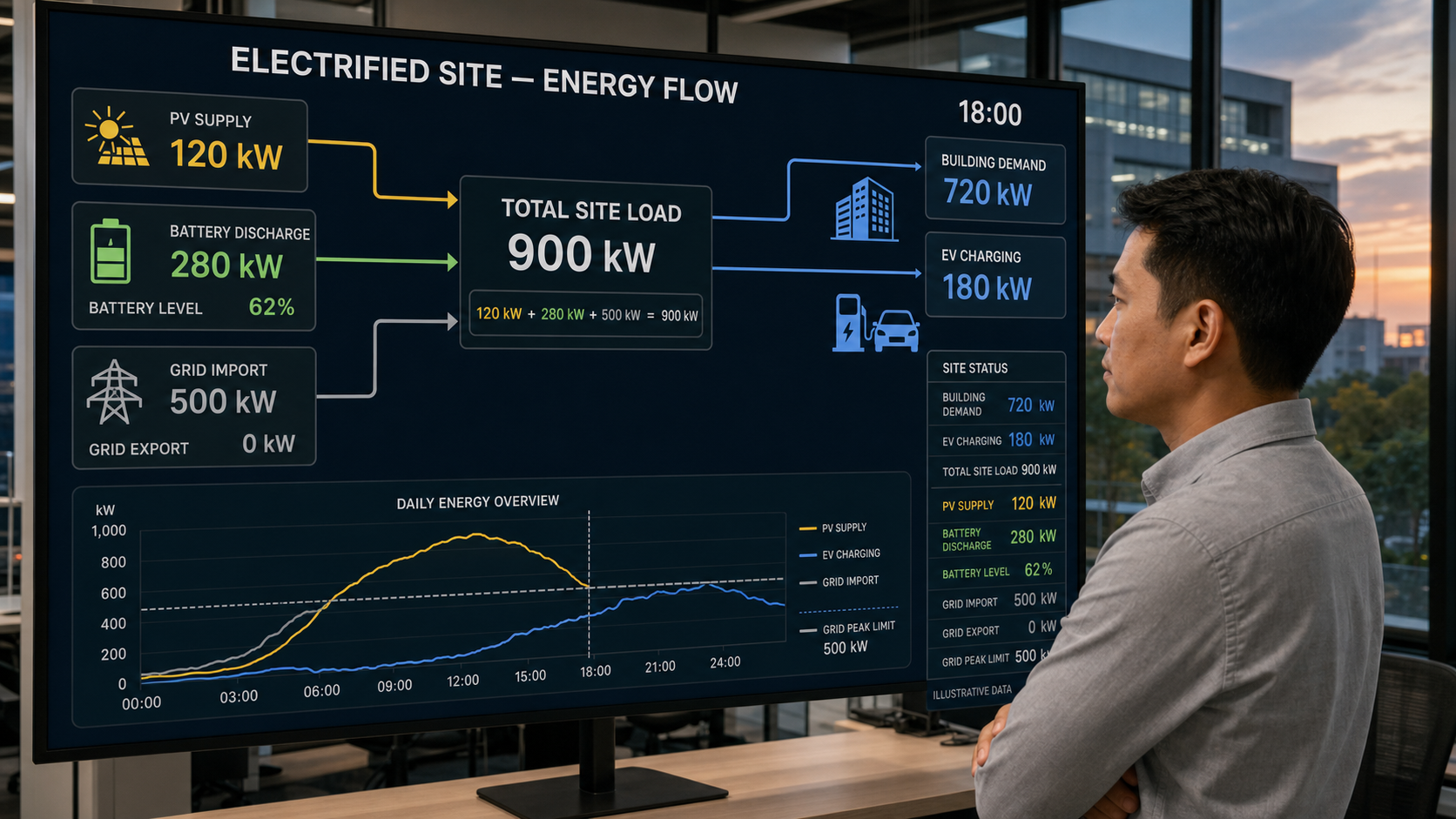 Illustrative 6 PM electrified-site energy flow where solar, battery discharge and limited grid import supply building demand and EV charging without grid export.