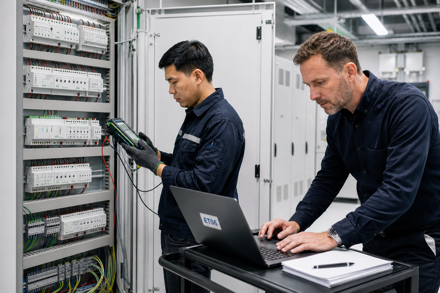 Two engineers commissioning a KNX distribution panel, one using a test instrument and one working in ETS6 on a laptop