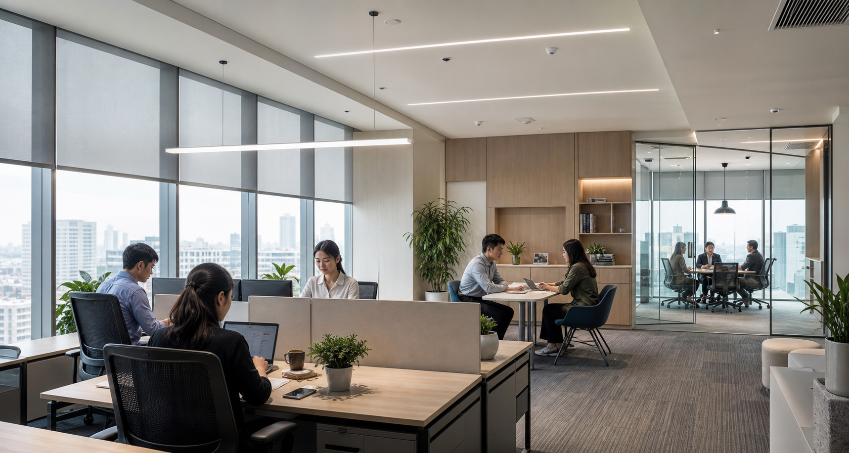 Adaptive commercial workplace with coordinated daylight shading, lighting, climate control and collaborative spaces.