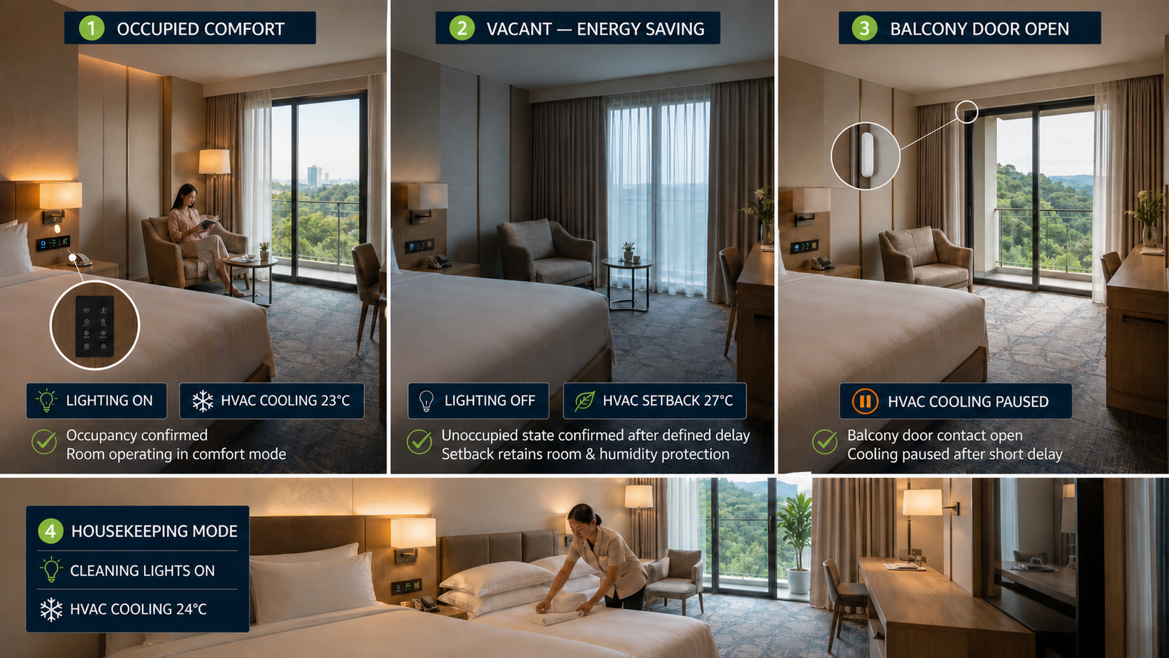 Hotel room-control sequence showing occupied comfort, confirmed-vacancy energy saving, HVAC cooling paused when the balcony door opens, and a practical housekeeping mode.