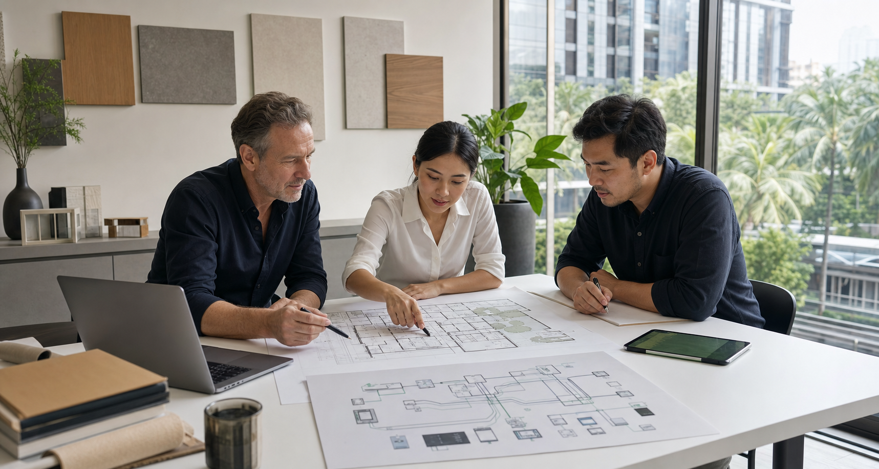 Building-automation specialists coordinating architectural plans and system design.