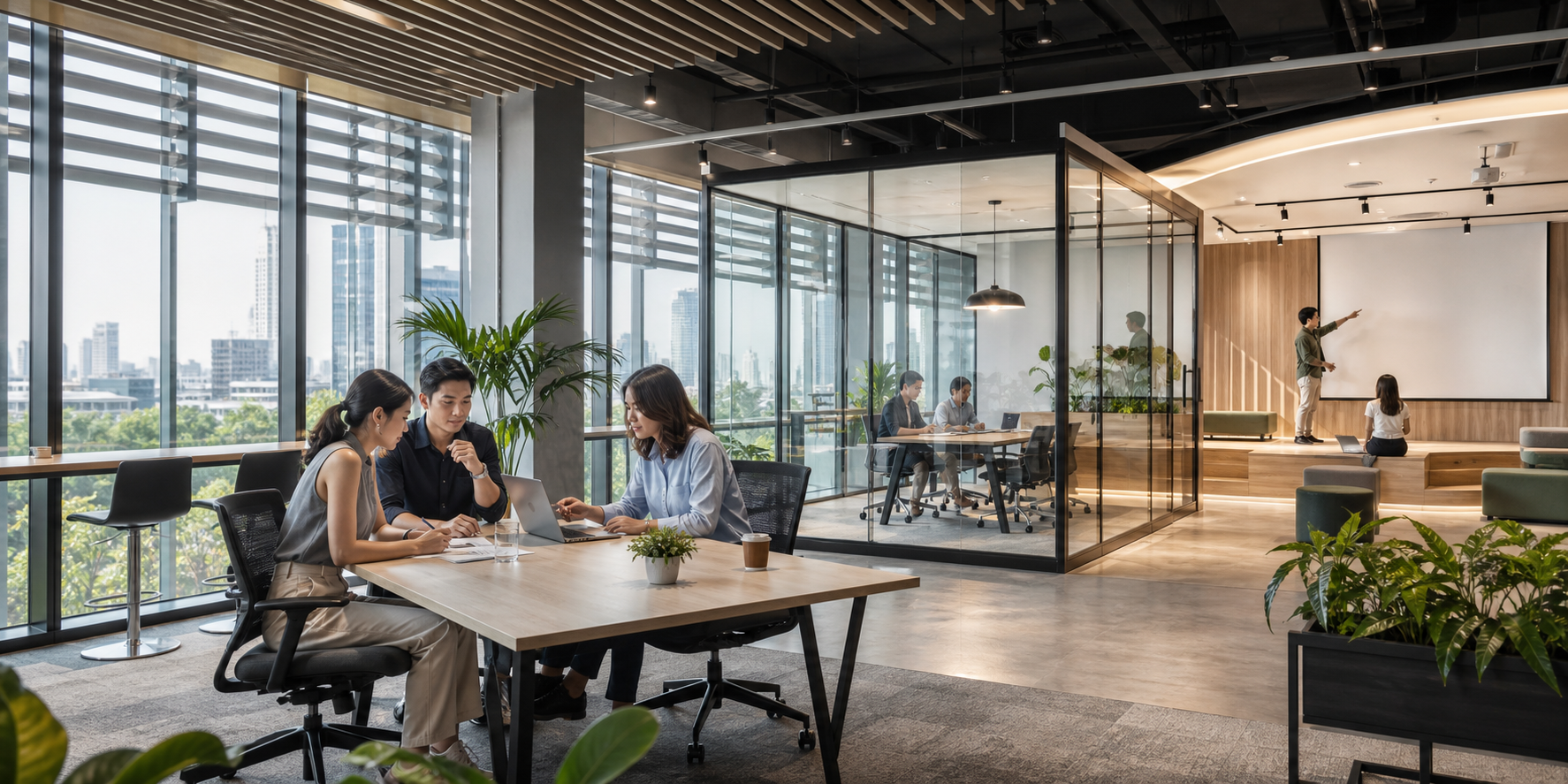 Adaptable commercial workplace with coordinated daylight, lighting and collaborative spaces.