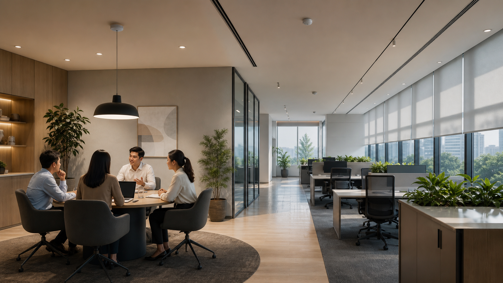 Occupancy-aware workplace coordinating lighting, shading and climate between occupied and vacant zones.