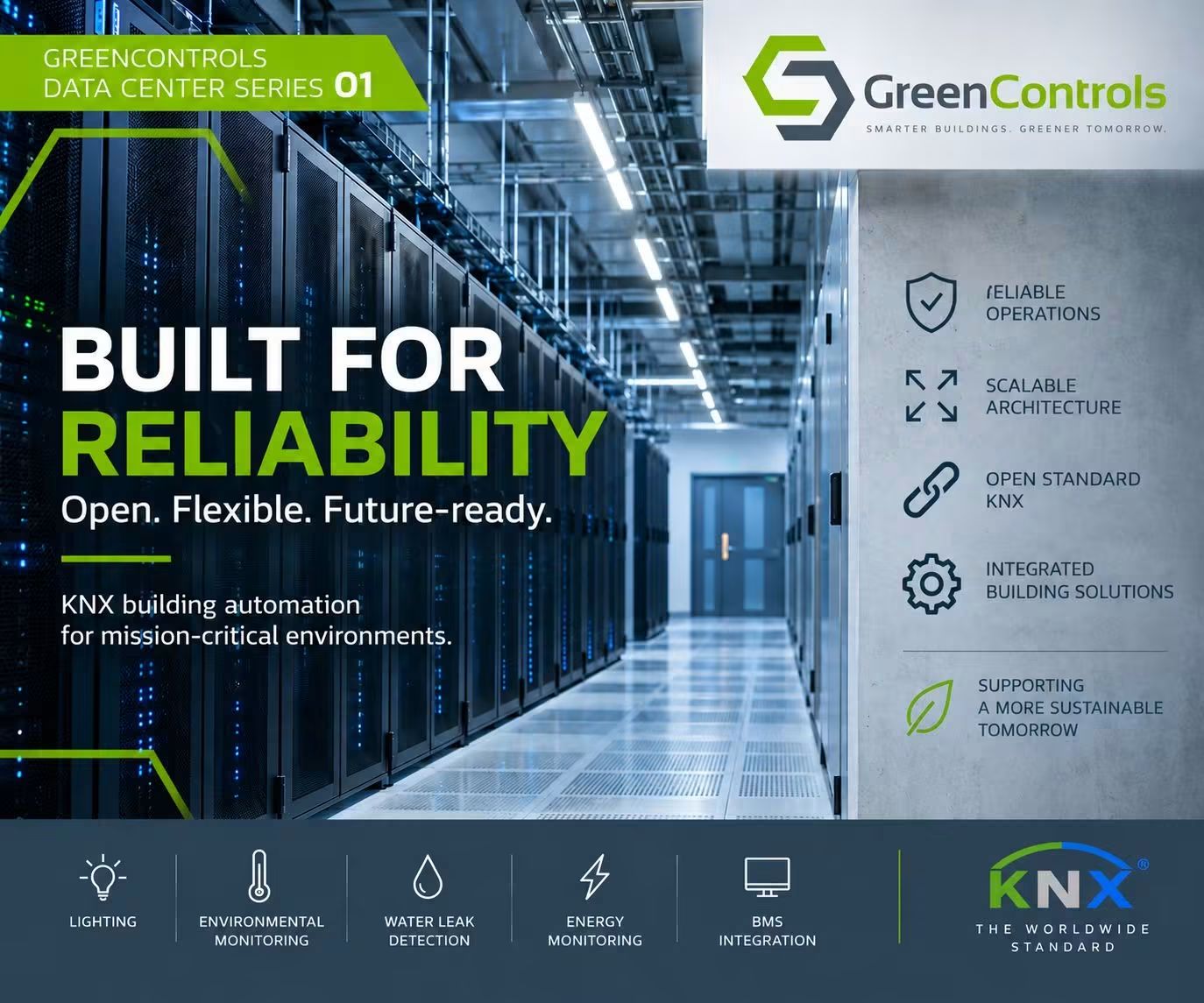 Data Center Series 01 hero showing a data-center corridor with "BUILT FOR RELIABILITY" headline, GreenControls branding, KNX capabilities and supporting infrastructure callouts.