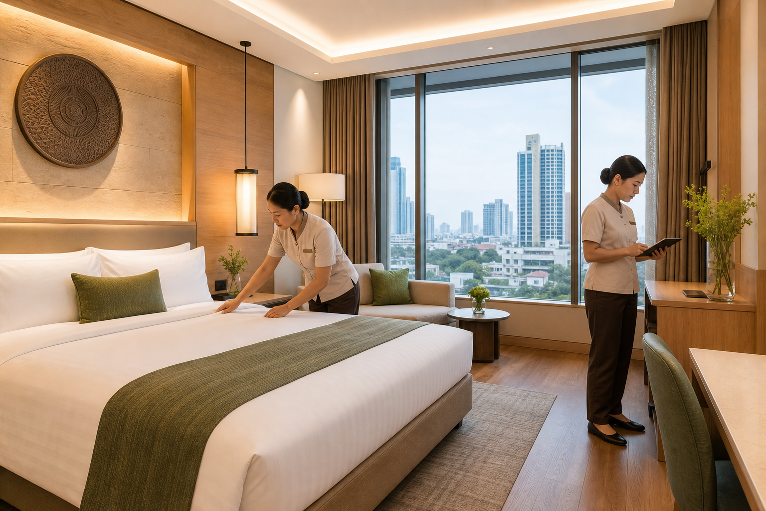 Hotel housekeeping team preparing and inspecting a guest room under full operational lighting.