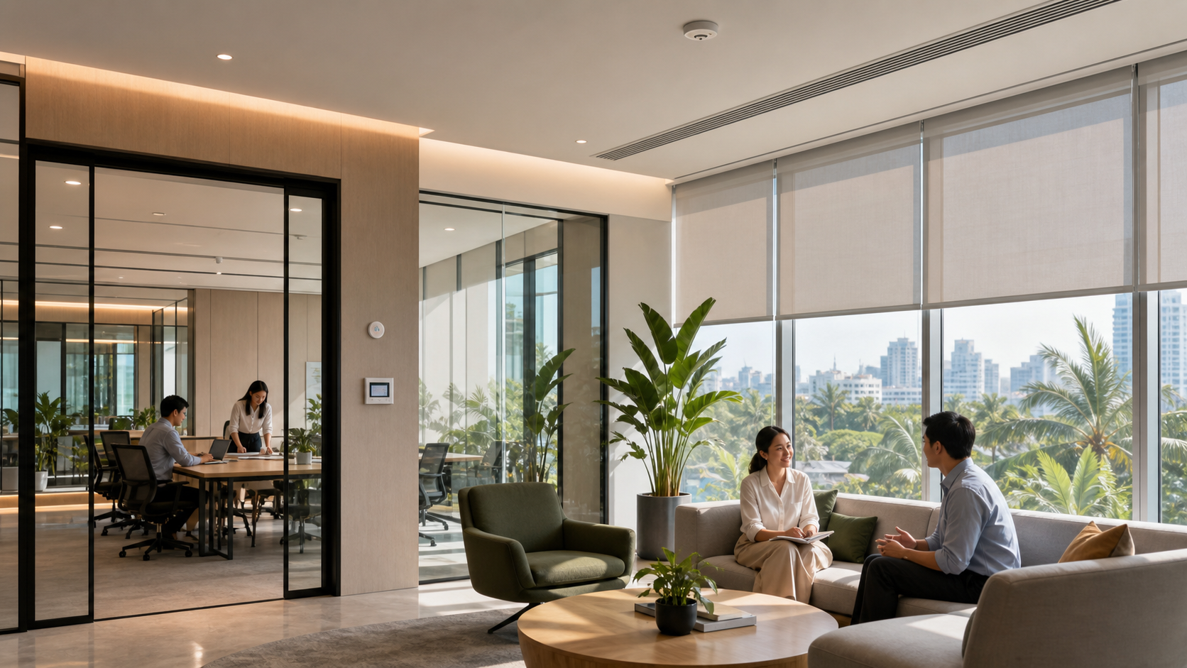Modern Thai workplace with coordinated shading, ventilation, occupancy sensing and local climate control.