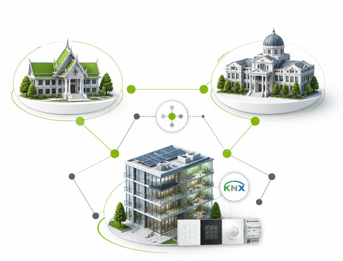 Graphic connecting Thai technical colleges and universities with smart-building KNX technology